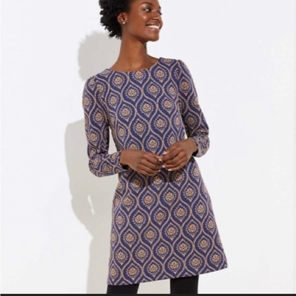 LOFT Elegant Navy and Gold Patterned Dress